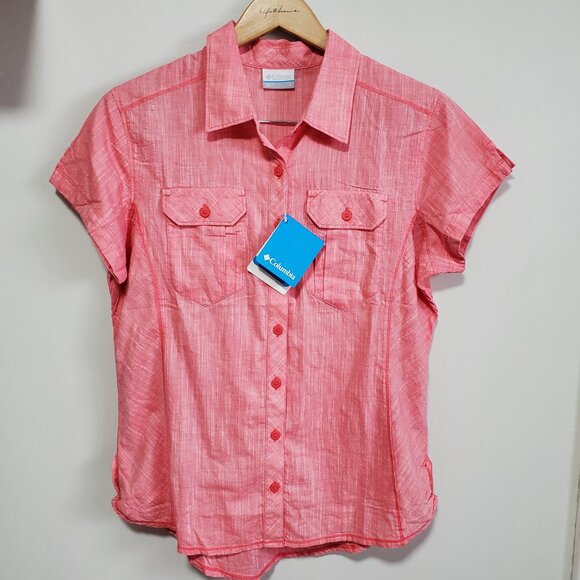 COLUMBIA NWT Camp Henry Short Sleeve Shirt Button Front Cotton Pink Womens Large - Picture 1 of 13
